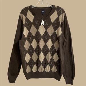 Argyle Sweater Brown V-Neck Size Large Men Pullover GAP NWT Preppy Academia